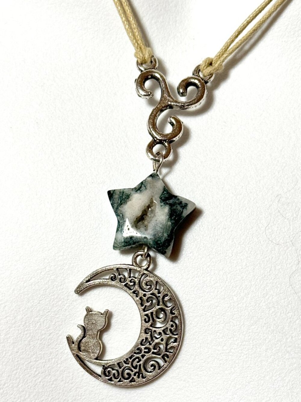 2/$20, Natural Tree Agate Star & Cat on the Moon Necklace,Gemstone Cord Necklace